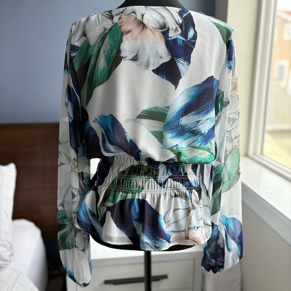 WHBM Floral V-Neck Smocked Waist Long Sleeve Blouse with Peplum - Picture 6 of 15